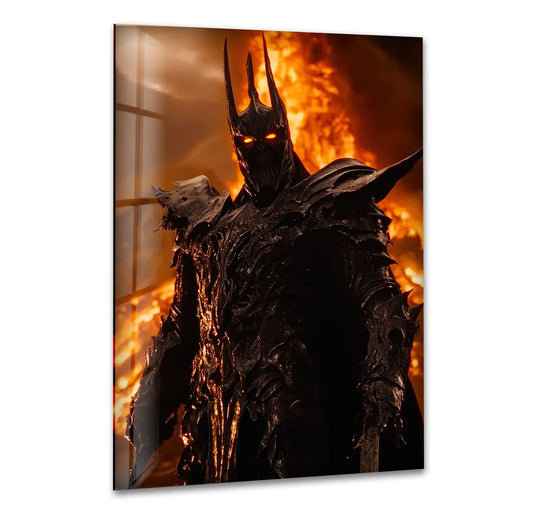 Flickering flames create the softest element behind this fiery dark crown warrior glass wall art, a dramatic home decoration piece with a cinematic feel.