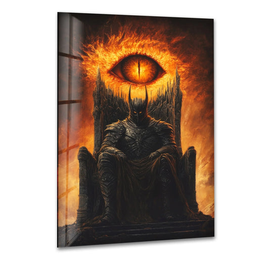 Dramatic light and shadow define this unique modern wall decor glass art, featuring a dark throne warrior beneath a fiery eye, creating a striking fantasy scene.