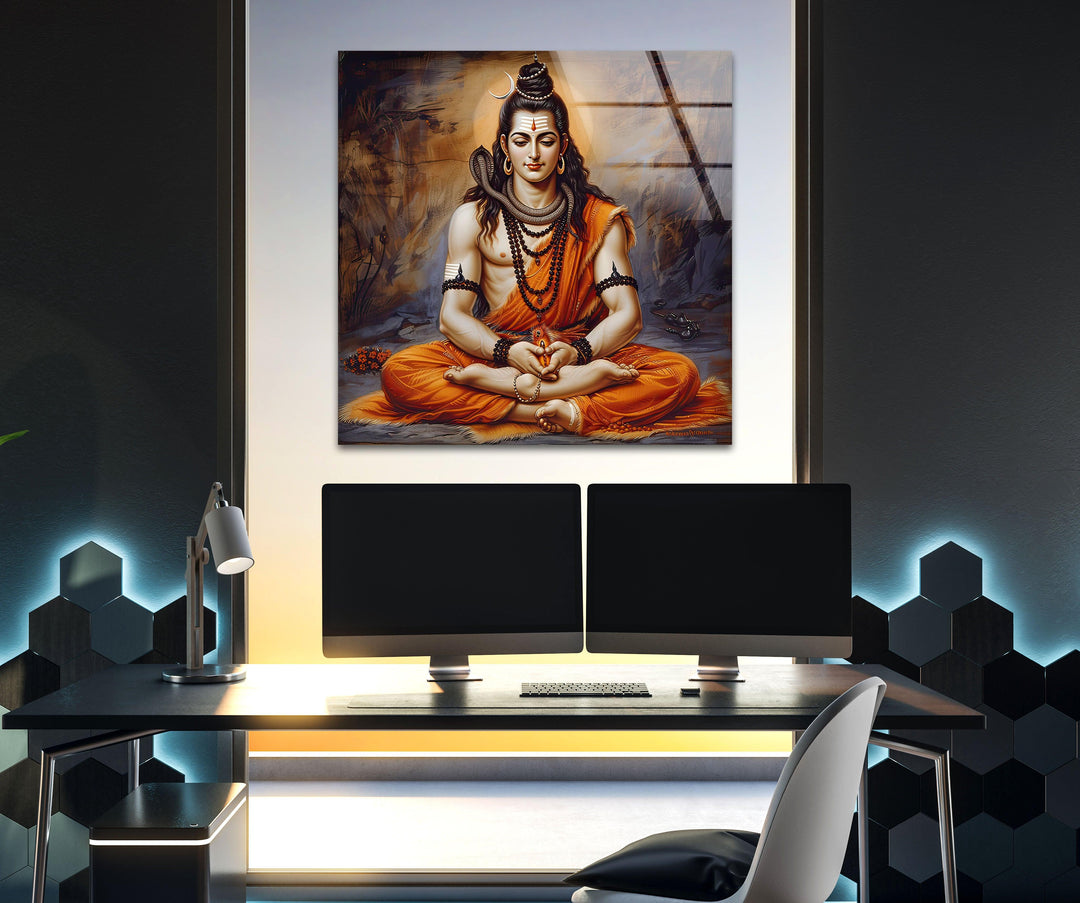 Lord Shiva God Orange Glass Wall Art print on glass, glass printed photos
