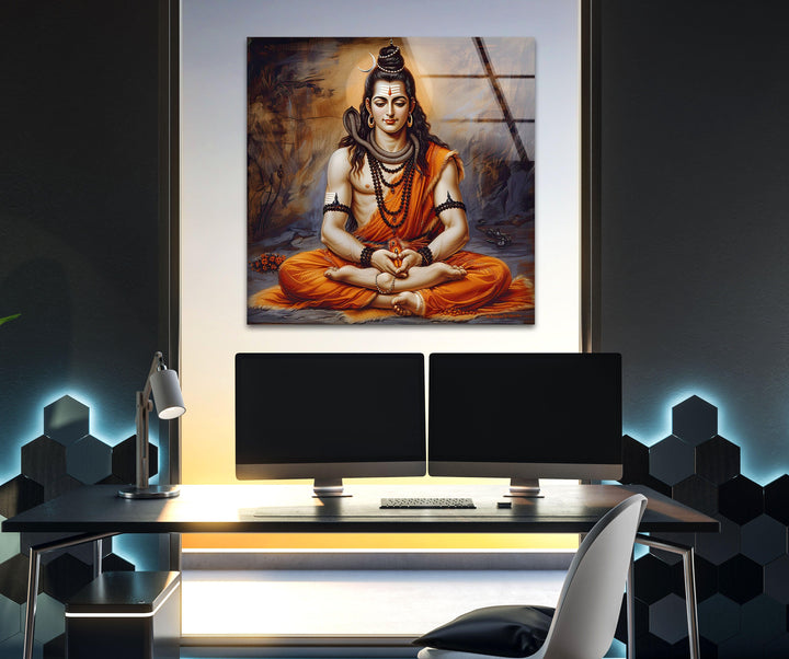 Lord Shiva God Orange Glass Wall Art print on glass, glass printed photos
