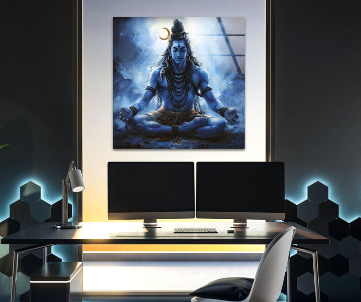 Lord Shiva Blue Glass Wall Art glass photo prints, glass picture prints
