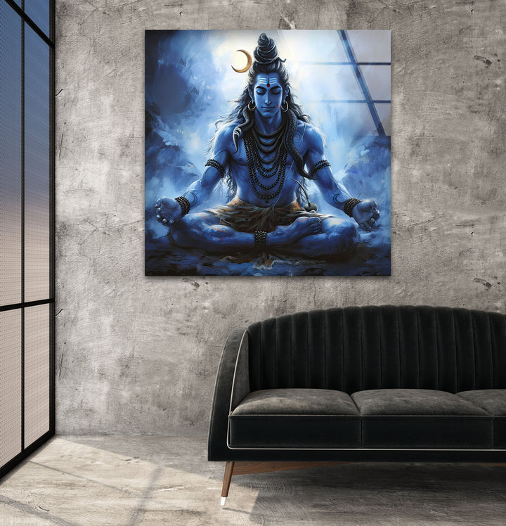 Lord Shiva Blue Glass Wall Art picture on glass wall art, photos printed on glass
