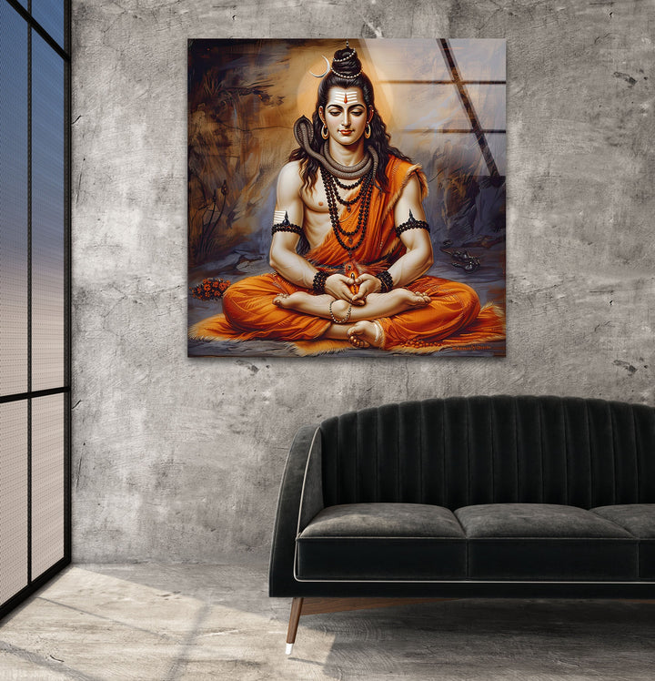 Lord Shiva God Orange Glass Wall Art custom glass photo prints, large glass prints
