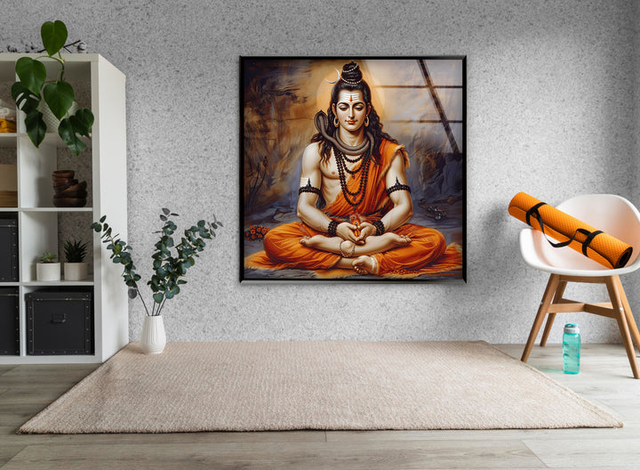 Lord Shiva God Orange Glass Wall Art picture on glass wall art, photos printed on glass

