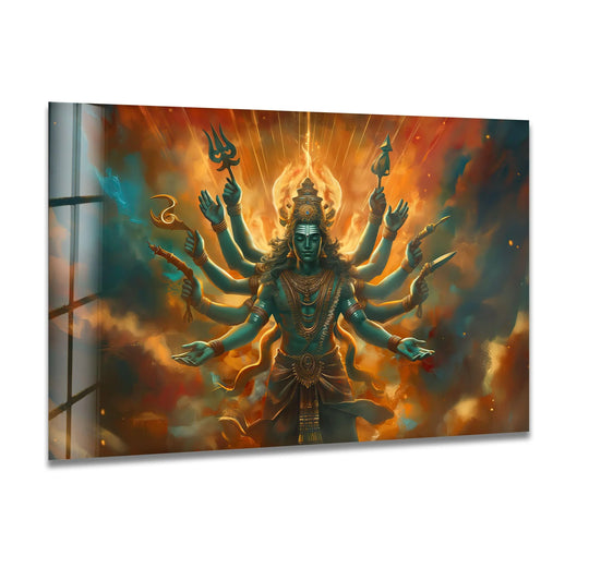 Featuring a glossy finish, this Lord Shiva orange art from glass wall art depicts the Hindu deity with multiple arms and vibrant colors.