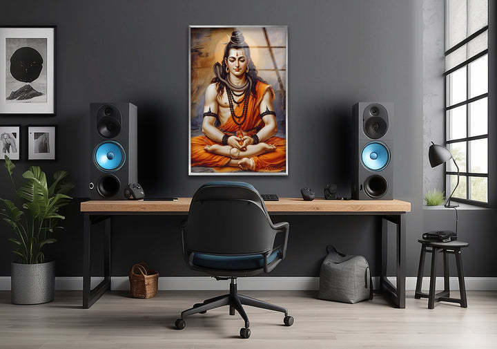 Lord Shiva God Orange Glass Wall Art print picture on glass, Tempered Glass Wall Art
