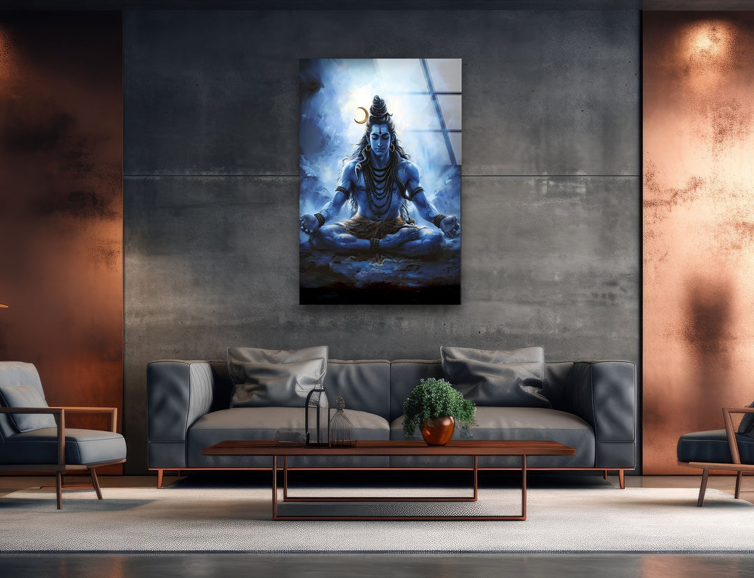 Lord Shiva Blue Glass Wall Art glass pictures for Wall, glass prints wall art
