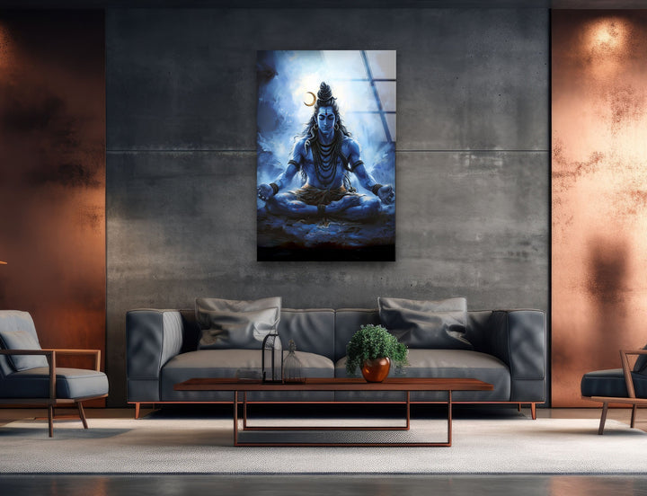 Lord Shiva Blue Glass Wall Art glass pictures for Wall, glass prints wall art
