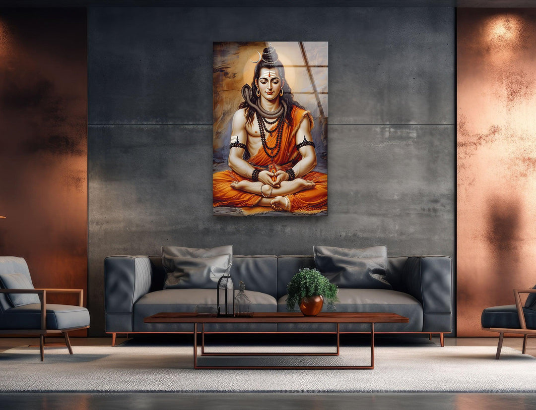 Lord Shiva God Orange Glass Wall Art glass wall decor, glass wall art decor
