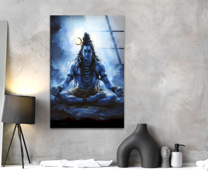 Lord Shiva Blue Glass Wall Art custom glass pictures, glass art prints
