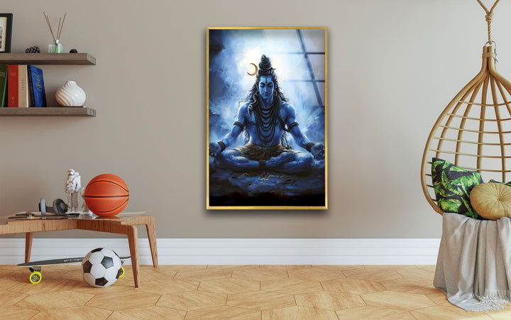 Lord Shiva Blue Glass Wall Art photo print on glass, prints on glass wall art
