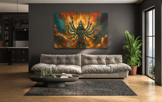 Orange hues dominate this art from glass wall display featuring Lord Shiva, creating a vibrant and spiritually evocative atmosphere.