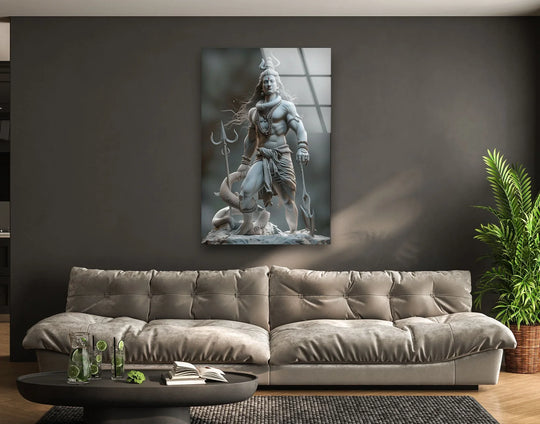Visual rhythm is achieved in this glass wall artwork through the repeated lines of Lord Shiva's form against the sleek, reflective surface.