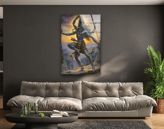 Featuring highly saturated hues, the Lord Shiva art print wall art shows the vibrantly colored Hindu deity dancing with swirling skies in the background.