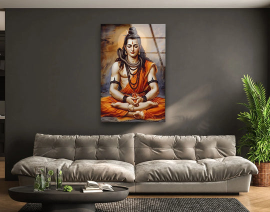 Highlighting the abstract quality, the glass art rendering of Lord Shiva creates an ethereal orange glow in the religious wall art piece.