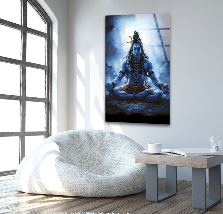 Lord Shiva Blue Glass Wall Art large glass photo prints, glass wall photos
