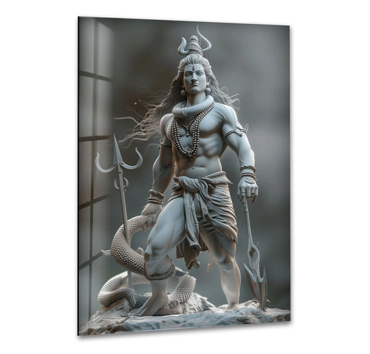 Highlighting the layering effect, Lord Shiva grey glass wall art showcases a serene figure, creating a captivating visual depth in home decor and religious artwork.