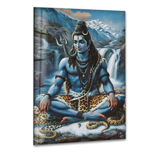 Defined by its sleek edge and borders, this religious wall art prints showcases a tranquil depiction of Lord Shiva God in blue glass.