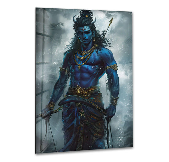 Religion art glass wall art featuring Lord Shiva in blue and gold spiritual decor and religious artwork