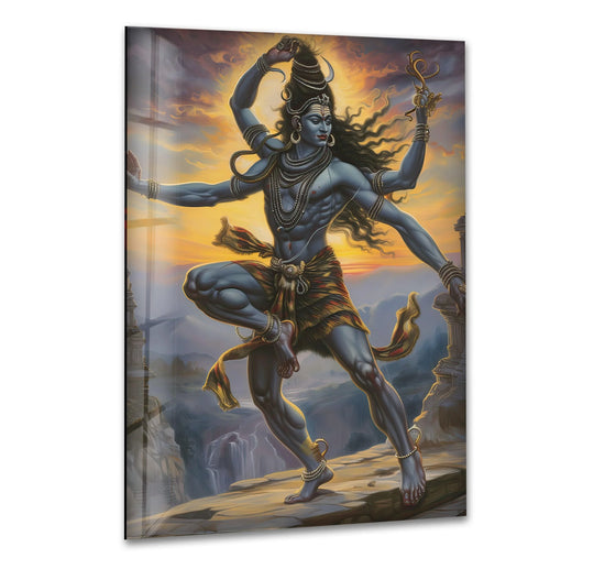 Wisps of hair and scarf ends cascade, evoking a soft, flowing energy against the powerful depiction of Lord Shiva in this glass printing religious painting.
