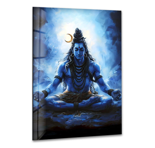 Religion glass wall art blue and meditative Shiva artwork plus divine home decor for spiritual spaces