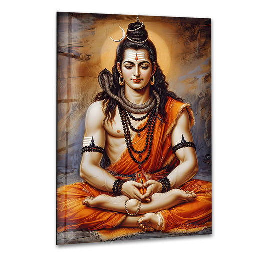 Predominantly orange and brown, this Lord Shiva God glass wall art prints radiates warmth and spirituality, perfect for serene meditation spaces.