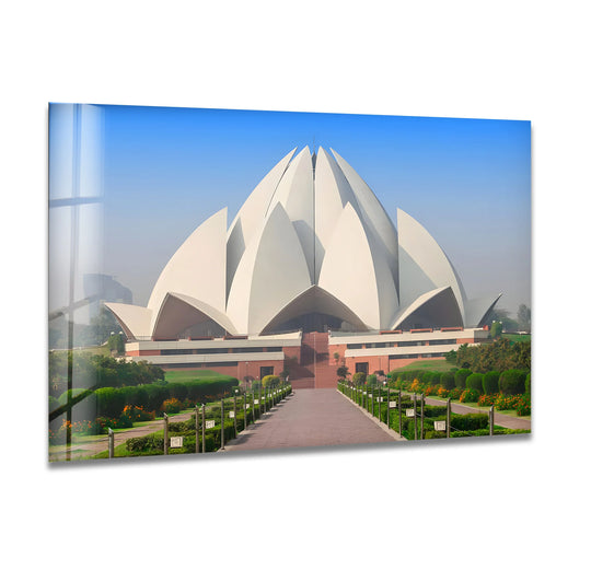 The organic forms of the Lotus Temple glass wall art suggest petals reaching skyward, offering a tranquil perspective in this architectural art from glass.
