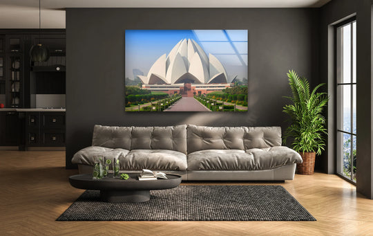 Displayed, the central subject is a Lotus Temple glass wall art print, enhancing home decor with a striking front view of the iconic Indian landmark.