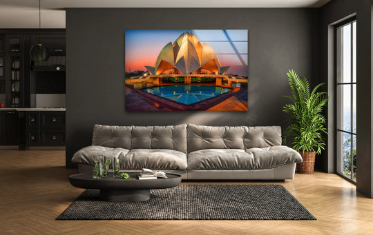 Negative space surrounds the Lotus Temple in this glass wall art, highlighting the building's form as a stunning piece of decorative wall art.