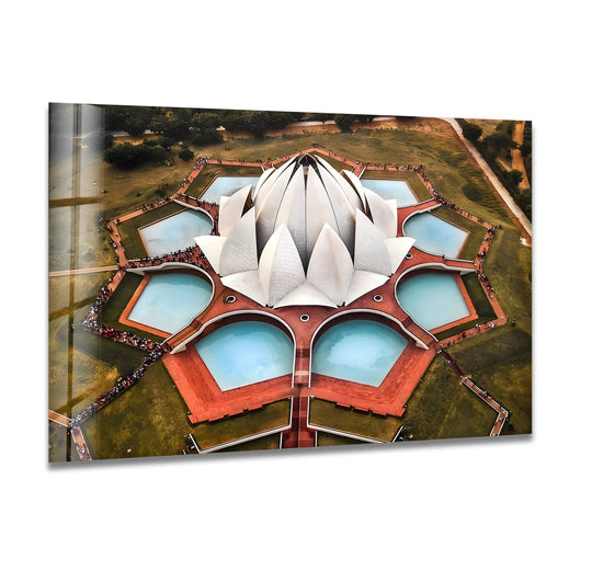 Vivid color saturation enhances this Lotus Temple glass wall art, part of the unique modern wall decor, showcasing an aerial view of the iconic landmark and its surrounding pools.