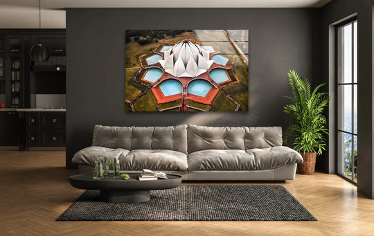 Brightest area illuminates the Lotus Temple in this home decoration glass wall art, showcasing an aerial view of the iconic Indian landmark and its surrounding pools.