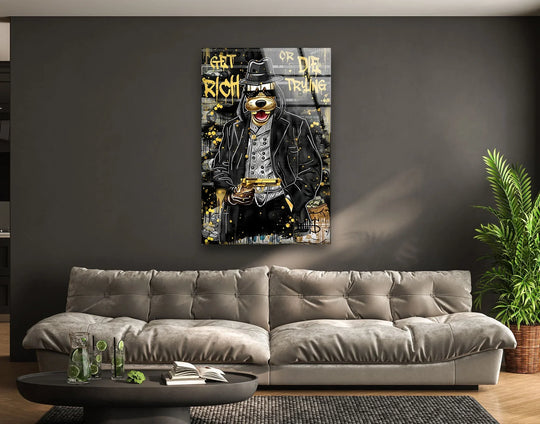 Tempered glass ensures vibrant presentation and lasting quality for this 'Get Rich or Die Trying' gangster dog glass wall art, perfect for home decoration.