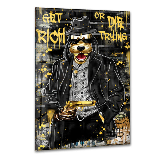 Light and shadow define the gangster dog in this 'Get Rich or Die Trying' decorative wall art, highlighting its textured details with sharp contrasts.