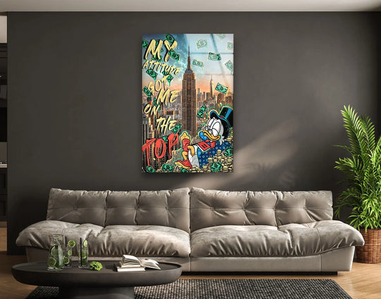 Deep shadows emphasize the motivational pop art glass wall art's message as a striking home decor accent in this room setting.