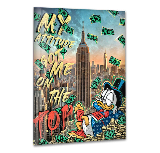 Stillness captures the 'My Attitude Got Me On The Top' decorative wall art, where Scrooge McDuck overlooks a quiet city skyline amid floating dollar bills.