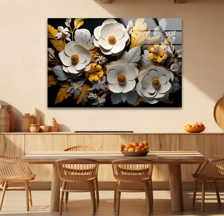 Luxuriöse florale Glaswandkunst – Gold- und weißes 3D-Blumendesign 