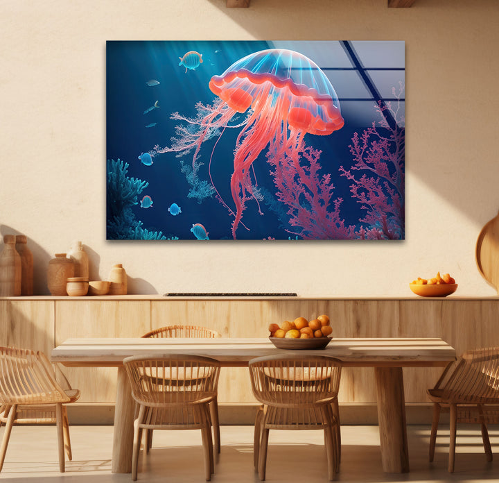 Neon Quallen Wandkunst – Unterwasser Ozean Szene Glas Druck Dekor