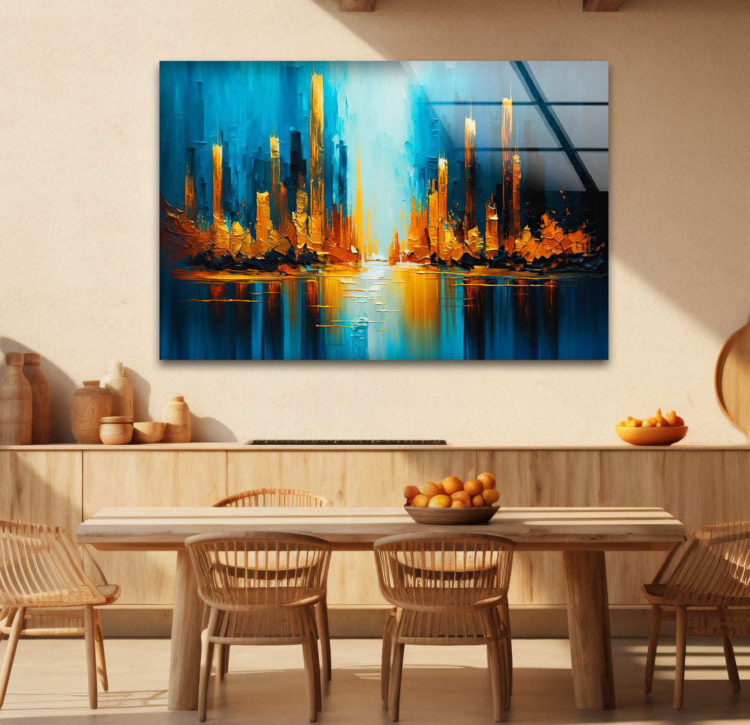 Blue and Gold Abstract City Wall Art – Vibrant Skyline Glass Print