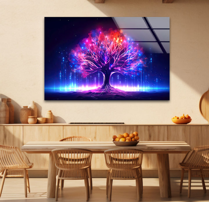 Leuchtende Fantasy-Baum-Wandkunst – Abstraktes Glasdruckdesign mit Neonlicht