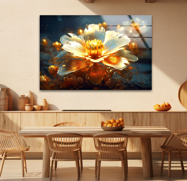 Golden Bloom Glass Wall Art – Luminous Abstract Flower Print