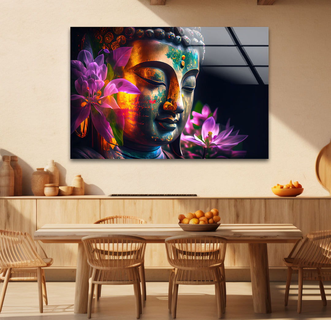 Colorful Buddha Wall Art – Floral Enlightenment Glass Print