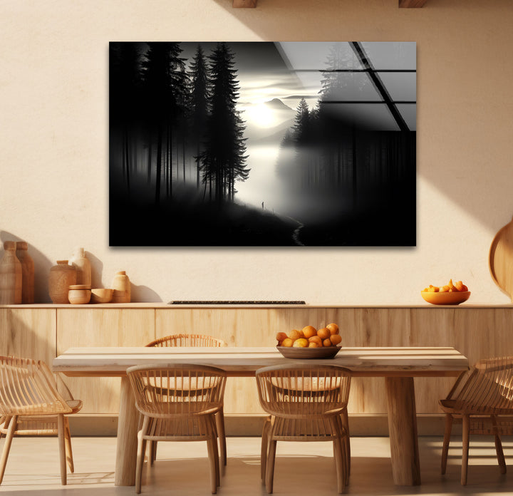 Foggy Forest Black and White Wall Art – Minimalist Glass Print Decor