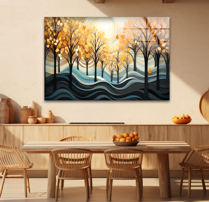 Golden Forest Glass Wall Art – Autumn Trees Abstract Landscape Decor