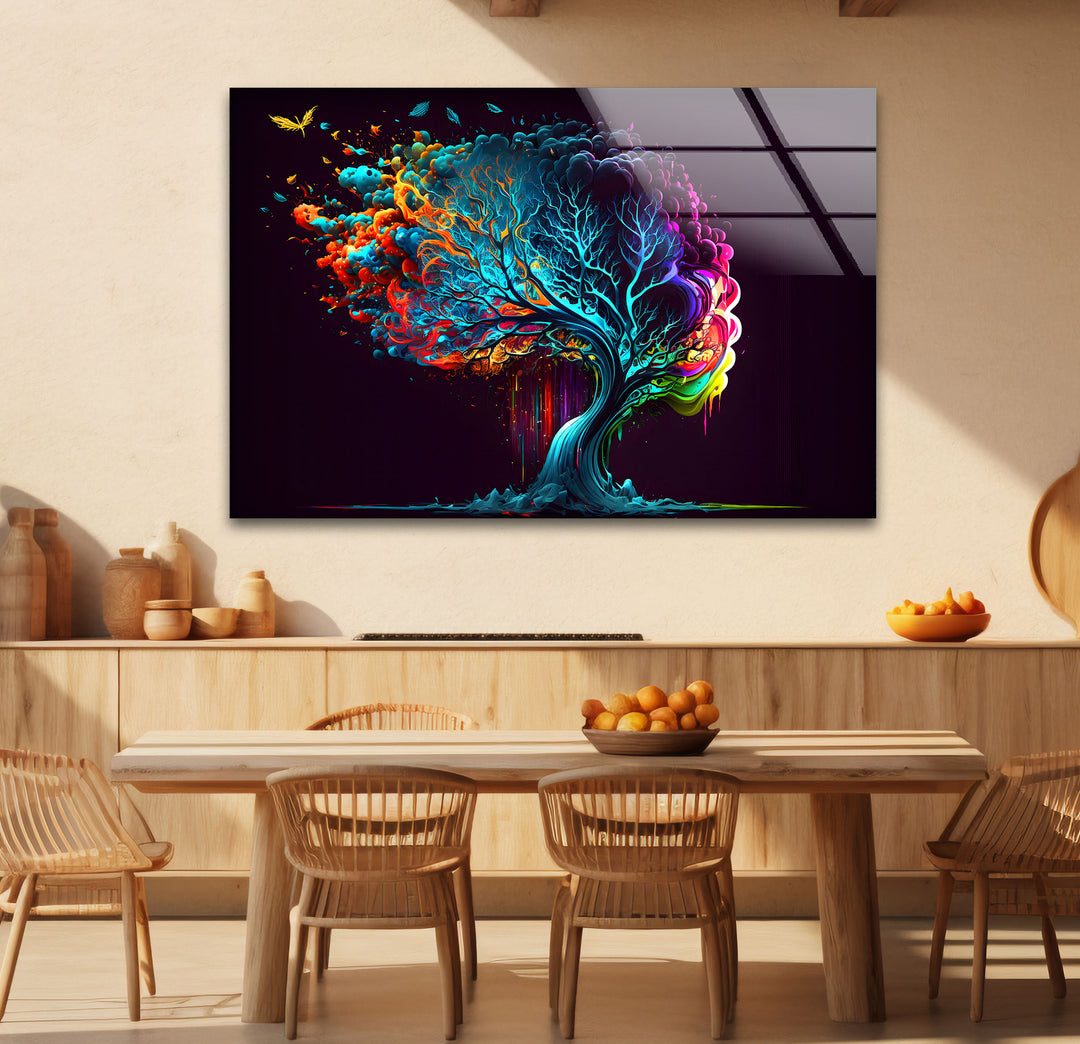 Farbenfrohe Fantasy-Baum-Wandkunst – Lebendiges abstraktes Glasdruck-Design