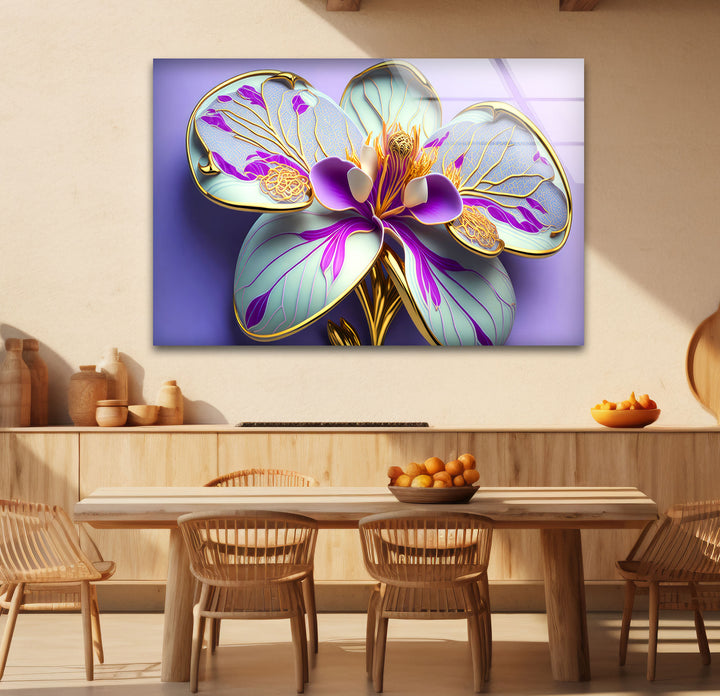 Luxuriöse Wandkunst mit Orchideenblüte – Lila- und Goldblumen-Glasdruck
