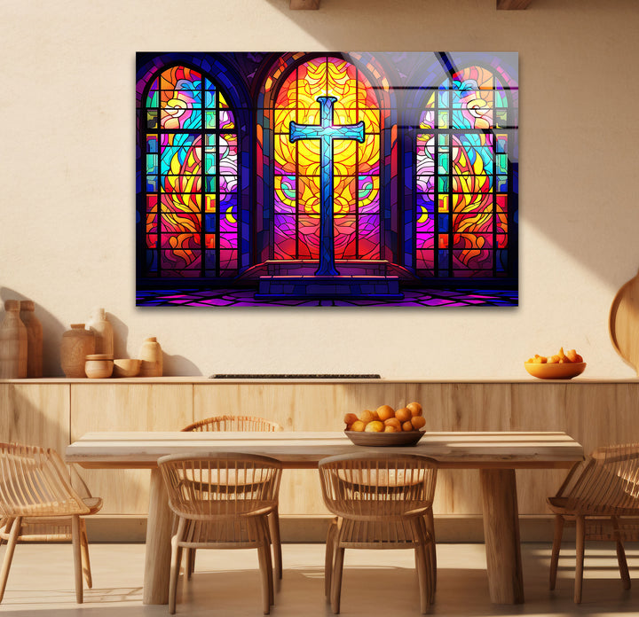 Stained Glass Church Cross Wall Art – Colorful Christian Glass Print Design