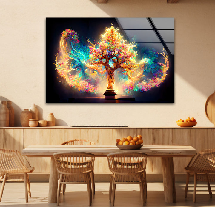 Fantasy-Baum des Lebens Wandkunst – Strahlendes, magisch leuchtendes Glasdruck-Design