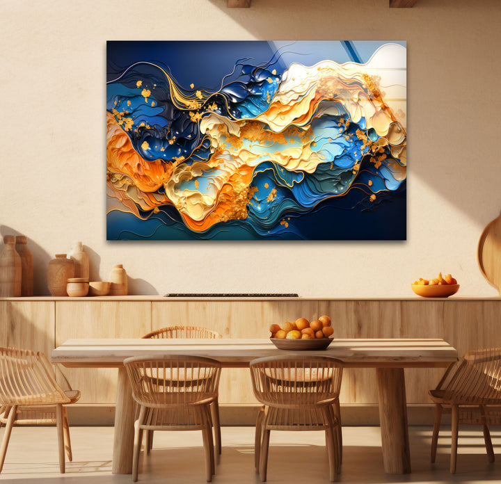 Blue Gold Abstract Wave Wall Art – Modern Fluid Glass Print for Interior Elegance