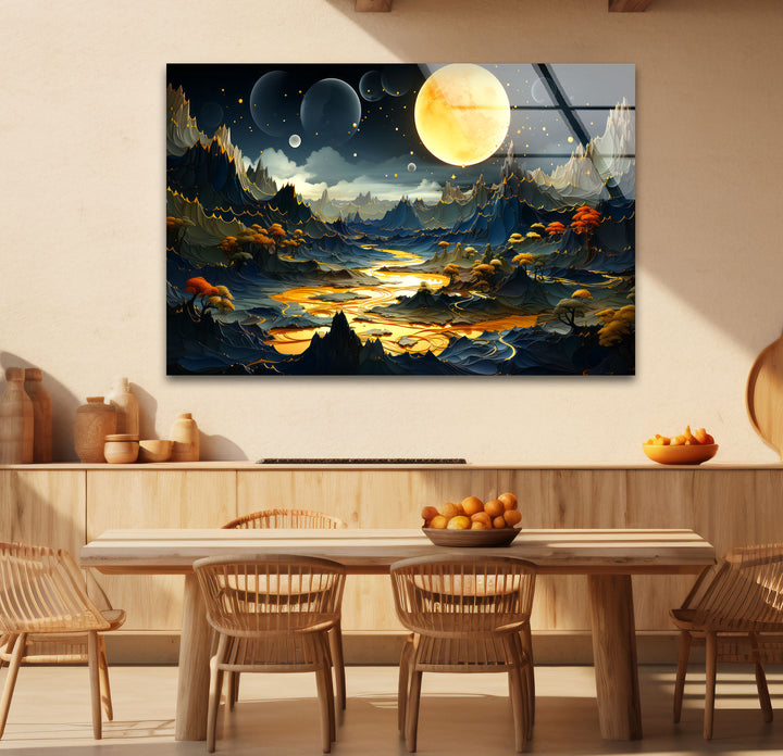 Fantasy Moonlit Landscape Wall Art – Surreal Glass Print with Golden River