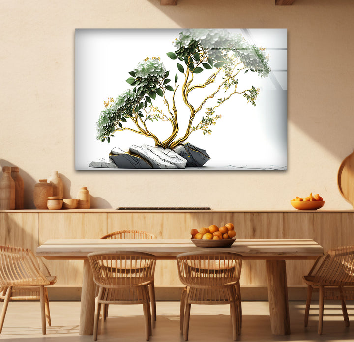 Goldene Bonsai-Baum-Wandkunst – Weißer Blumenglasdruck mit Marmorsteinen